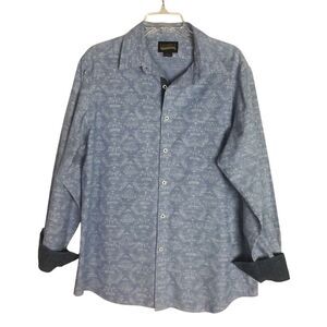 Cremieux Premium Denim Shirt  L  Geometric pattern blue ‎ 100% Cotton Flip Cuff
